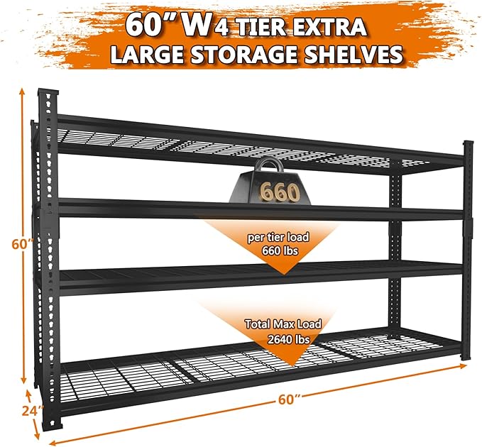 Storage Shelves Heavy Duty 2 PCS, 60"L x 24"W x 60"H Garage Wire Shelving Unit Loads 2640LBS, 4-tier Adjustable Metal Industrial Utility Shelf Rack for Kitchen, Laundry, Pantry, Warehouse, Basement