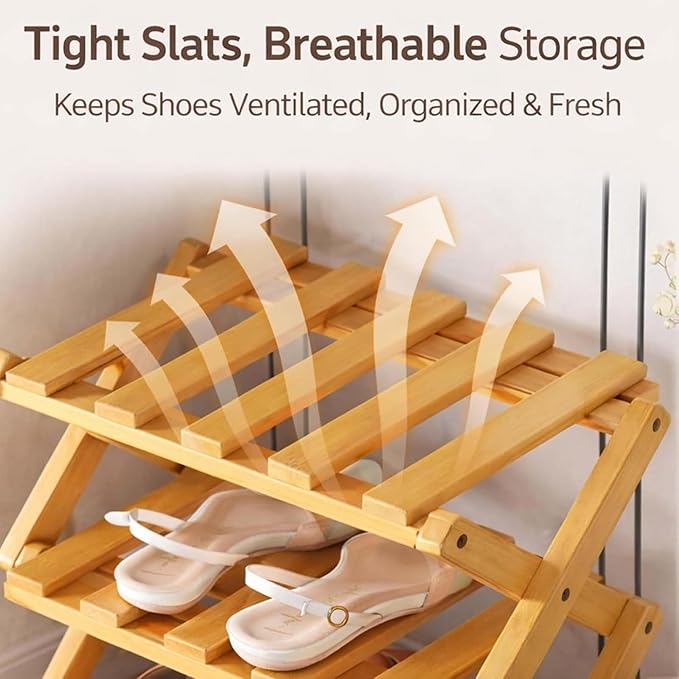 The 9-Tier No-Assembly Bamboo Rack, Folding Bamboo Shoe Rack Organizer with Collapsible Vertical Design, Space-Saving & No-Tool Assembly, for Entryways,Corners,Bedrooms,Balconies (Yellow,7)