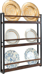 MyGift 3-Tier Wall Mounted Plate Display Rack – Industrial Matte Black Metal & Dark Burnt Wood Storage for 6-10 Inch Plates, Decorative Plate Holder for Kitchen or Dining Room