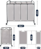 STO STO Laundry Sorter 4 Section, 4 Bag Clothes Hamper, Rolling Laundry Cart Basket with Heavy Duty Lockable Wheels and Removable Bag for Laundry Room, Bedroom, Closet, Gray