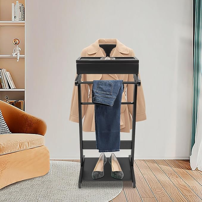 Suit Valet Stand for Men&Women, Wood Suit Rack Stand with Top Tray, Freestanding Clothing Valet Stand-22.05lbs Capacity for Home Entryway Living Room Office (Black)