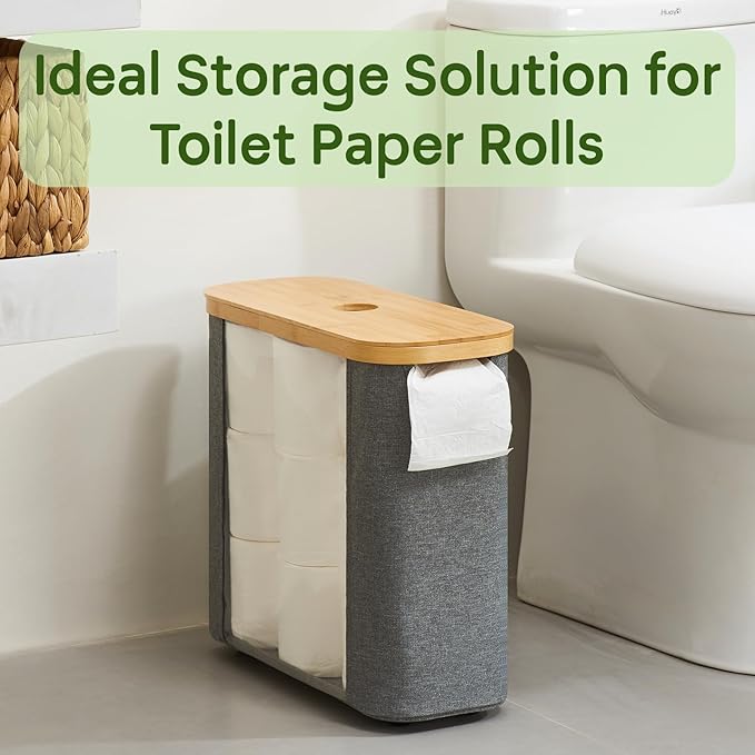 ELONG HOME Sleek Toilet Paper Storage, 30L Grey Fabric Toilet Paper Storage with Bamboo Lid, Durable Lining Storage Basket for TP, Towels, or Bathroom Essentials