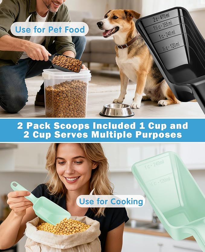 2-Pack Dog Food Scoop Set,1 Cup and 2 Cup Plastic Pet Food Measuring Scoops with Clear Measurement Lines,Multi-Purpose Pet Food Scooper for Dogs, Cats (Green and Black)