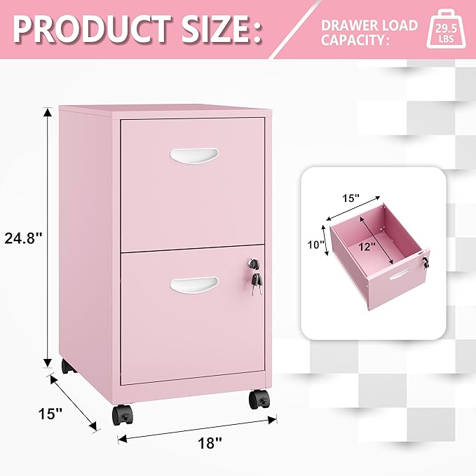 2 Drawer Rolling File Cabinet on Wheels, Mobile Two Drawer Filing Cabinet with Lock, Small Files Cabinets for Under Desk, Metal Filing Cabinets for Letter Size Folders, Pink - Assembly Required