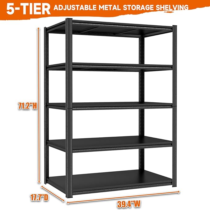 Garage Shelving Unit 3000 LBs Storage Shelves Heavy Duty, 5 Tier Adjustable Metal Shelf Organiazation Industrial Storage Racks Utility Shelf for Tools Garage Basement Warehouse 39.4"W*17.7"D*71.2"H