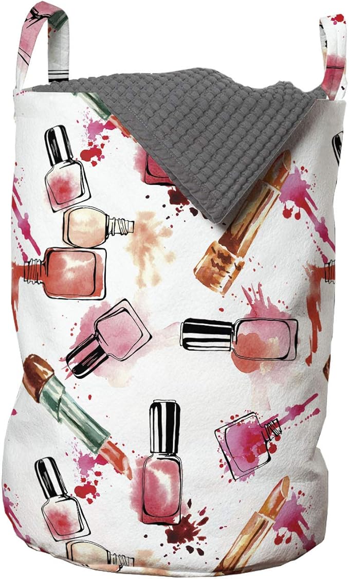 Ambesonne Feminine Laundry Bag, Repeating Grunge Color Splashes Look Nail Polish and Lipstick Pattern, Hamper Basket with Handles Drawstring Closure for Laundromats, 13" x 19", White