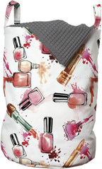 Ambesonne Feminine Laundry Bag, Repeating Grunge Color Splashes Look Nail Polish and Lipstick Pattern, Hamper Basket with Handles Drawstring Closure for Laundromats, 13" x 19", White