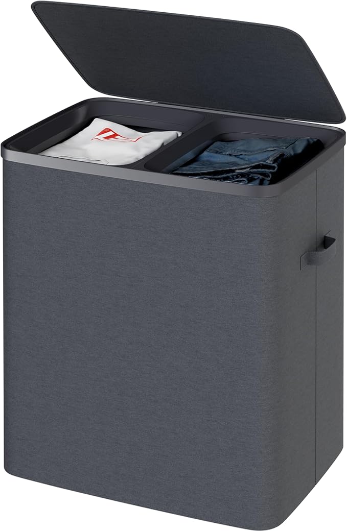 Dual Section 90 liter/23.8 gallon Laundry Hamper Separation Basket with lid, 2 Removable Washing Bags with Handles,Large Laundry Sorter for Easy Clothes Separation - Dark Gray