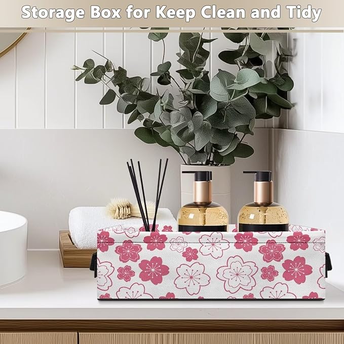Storage Bin Toilet Paper Basket Multi-purpose Long Organizer Bins Small Kitchen Bathroom Small Items Storage Baskets Cubes Home Decorations Accessories, Cherry Blossom Pink White