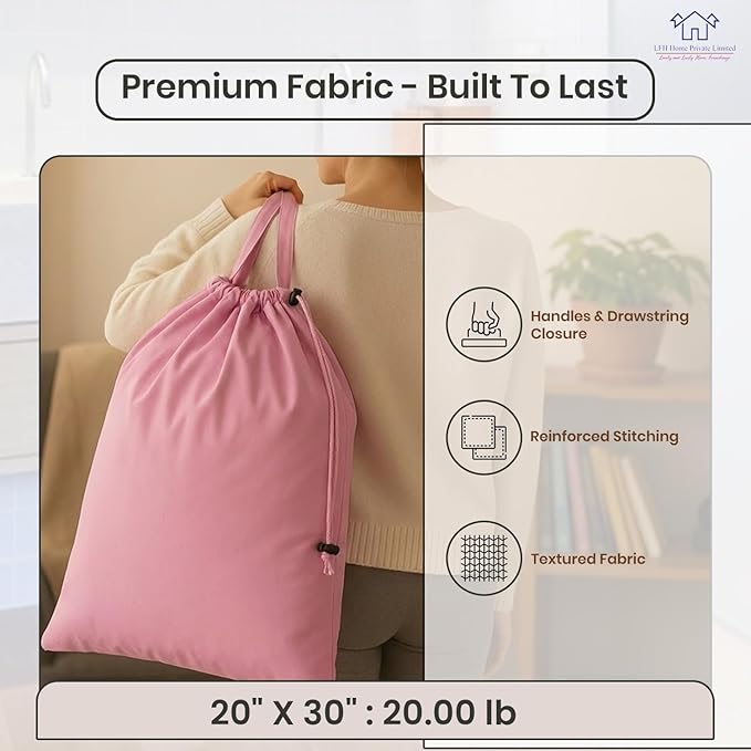 LFH Home Large Premium Cotton Canvas Laundry Bag with Drawstring and Handles Heavy Duty, Multi-Use, Washable for Home, Travel, College or Storage 20x30 (Pack of 2)-Pink