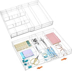 2 Pcs Acrylic Desk Drawer Organizer Maximum 11.8 x 17 x 1.9 Inch Expandable Drawer Organizer Trays with 7 Adjustable Compartments Desk Accessories for Makeup Silverware Office Bathroom