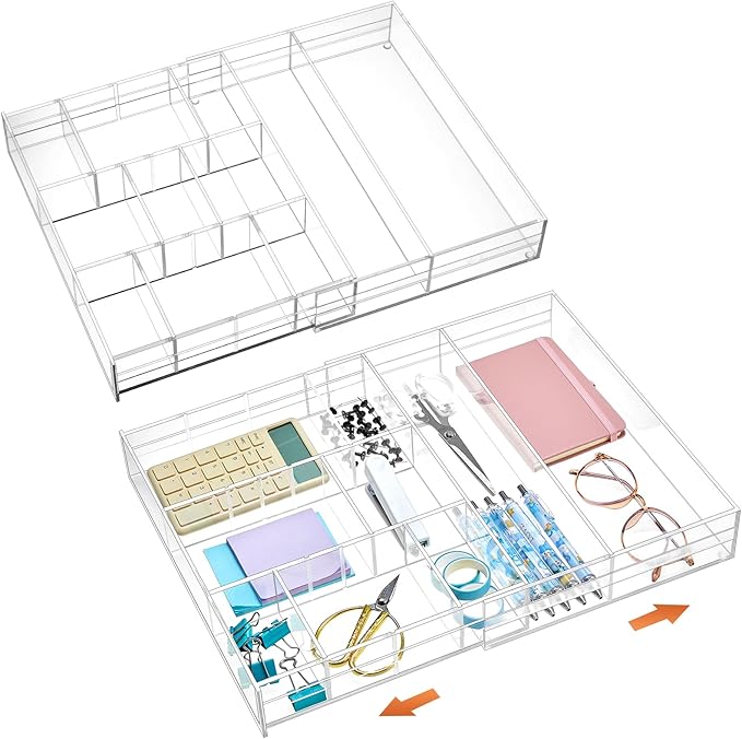 2 Pcs Acrylic Desk Drawer Organizer Maximum 11.8 x 17 x 1.9 Inch Expandable Drawer Organizer Trays with 7 Adjustable Compartments Desk Accessories for Makeup Silverware Office Bathroom