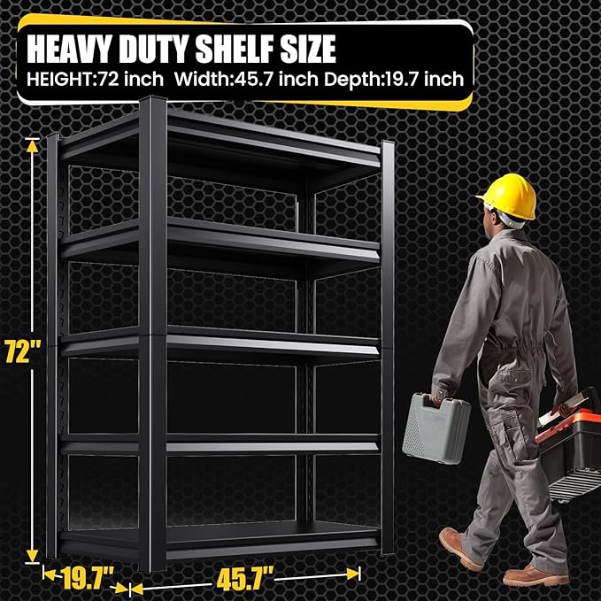 5-Tier Garage Shelving Heavy Duty, 3000LBS Garage Shelves, Adjustable Metal Shelving Unit, Garage Storage Shelves, Utility Storage Rack Shelf, Shelves for Garage Storage, 72" H×45.7" W×20" D