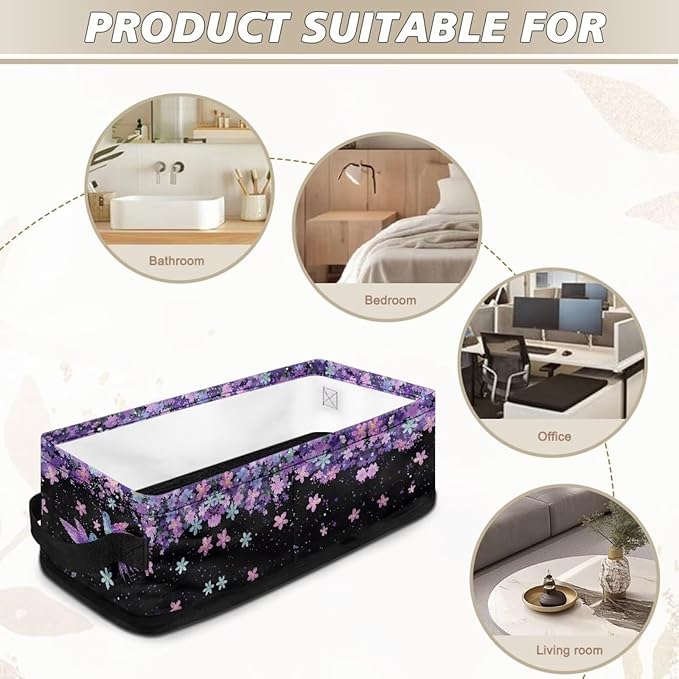 Narrow Storage Bin Toilet Tank Topper Baskets Universal Fabric Baskets Rectangular Foldable Storage Caddy Container for Towels Bathroom Essentials, Blue Violet Hummingbird Flower Black