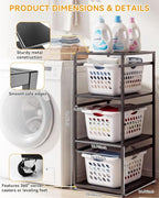 Laundry Basket Holder Shelf, 3-Tier Metal Laundry Basket Organizer with Wheels, Rolling Laundry Storage Rack for Bathroom, Bedroom & Laundry Room