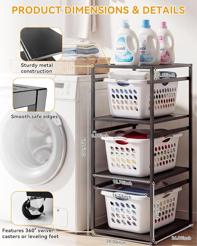 Laundry Basket Holder Shelf, 3-Tier Metal Laundry Basket Organizer with Wheels, Rolling Laundry Storage Rack for Bathroom, Bedroom & Laundry Room