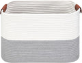Small Cotton Rope Storage Basket with Leather Handles, 15 "L x 11.5" W x 7.5 "H, Home Decor Basket, Durable & Stylish Organizer for Home.(Small Gray)