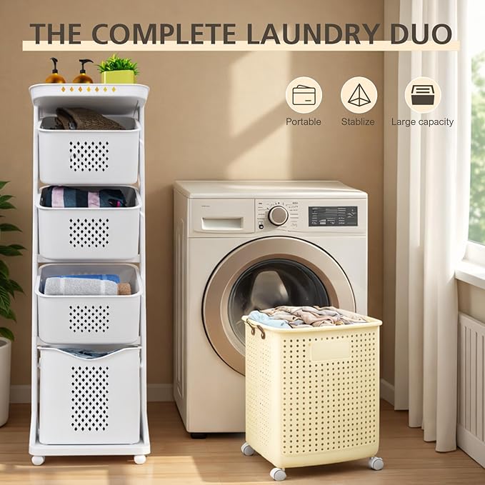 4-Tier Laundry Hamper Sorter & X-Large Foldable Laundry Hamper, Vertical Rolling Laundry Baskets with Wheels, Stackable Laundry Cart Organizer and Storage for Small Space, Closet, Bathroom