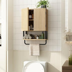 RUSTOWN Farmhouse Bathroom Wall Cabinet with 2 Door, 3-Tier Curved Profile Wooden Medicine Cabinet, Wall Mounted Storage Cabinet with Adjustable Shelf and Towel Bar (Natural, Small)