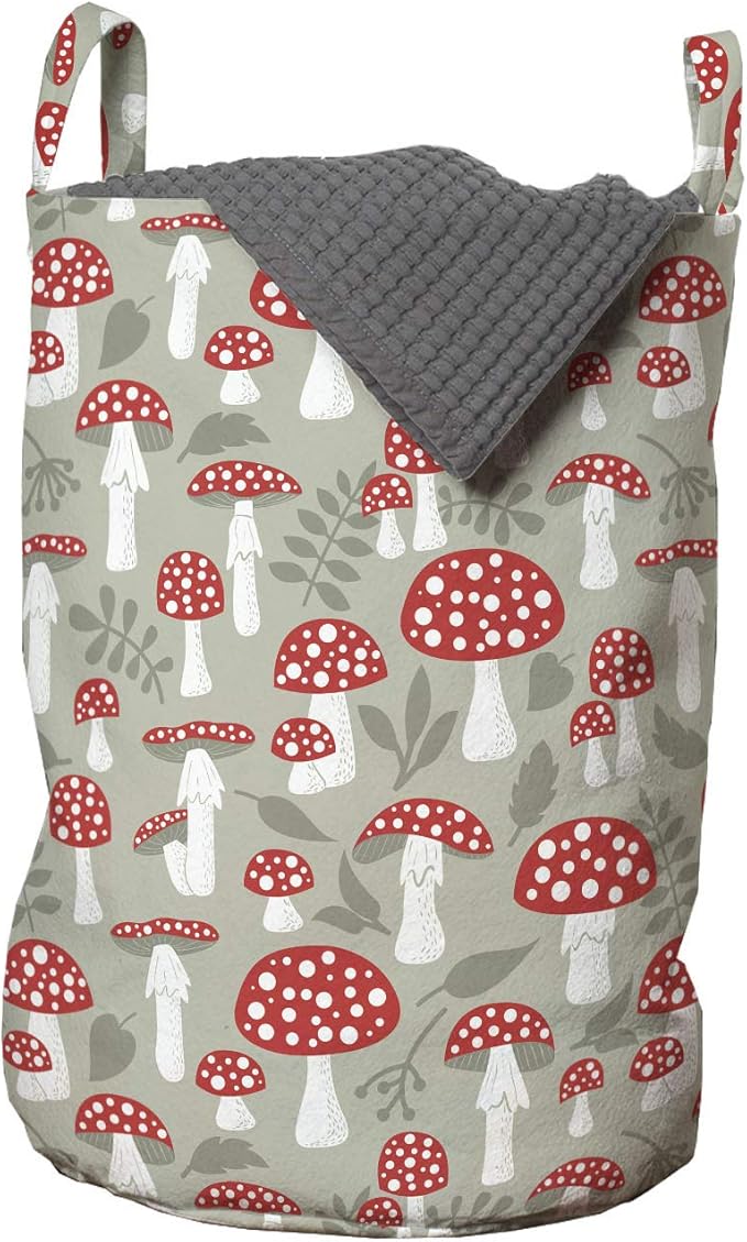 Ambesonne Cartoon Laundry Bag, Poisonous Amanita Mushroom Pattern with Foliage and Berry Silhouettes, Hamper Basket with Handles Drawstring Closure for Laundromats, 13" x 19", Pale Sage Green White