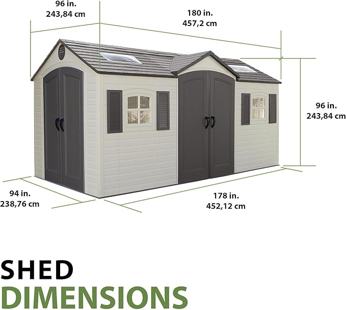 Lifetime 15×8 Ft Dual‑Entry Outdoor Storage Shed, Steel‑Reinforced, UV‑Protected, Weather‑Resistant Backyard Garden Shed with Skylights, Windows & Shelving, Desert Sand