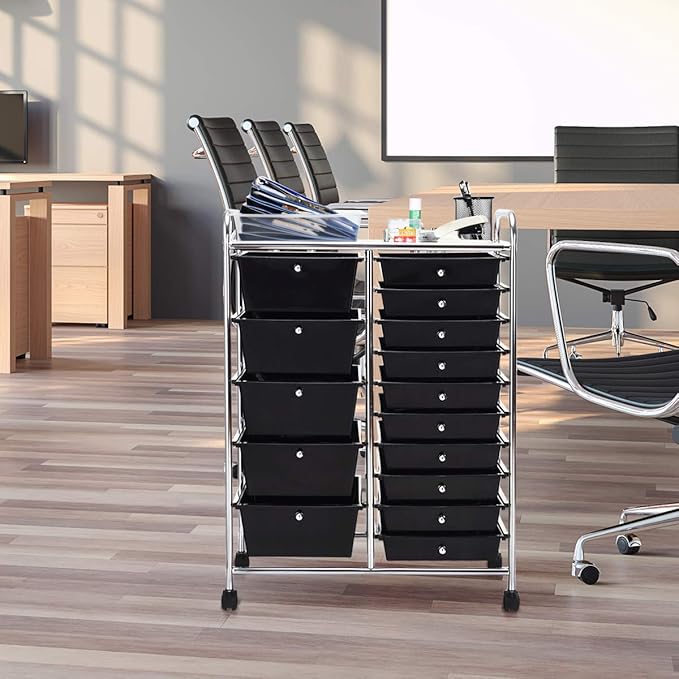 RELAX4LIFE 15 Drawer Rolling Storage Cart, Mobile Drawer Carts for Craft Art Supply Paper Salon, Utility Cart on Wheels for Classroom Teacher School Office, Rolling Cart with Drawers (Black)