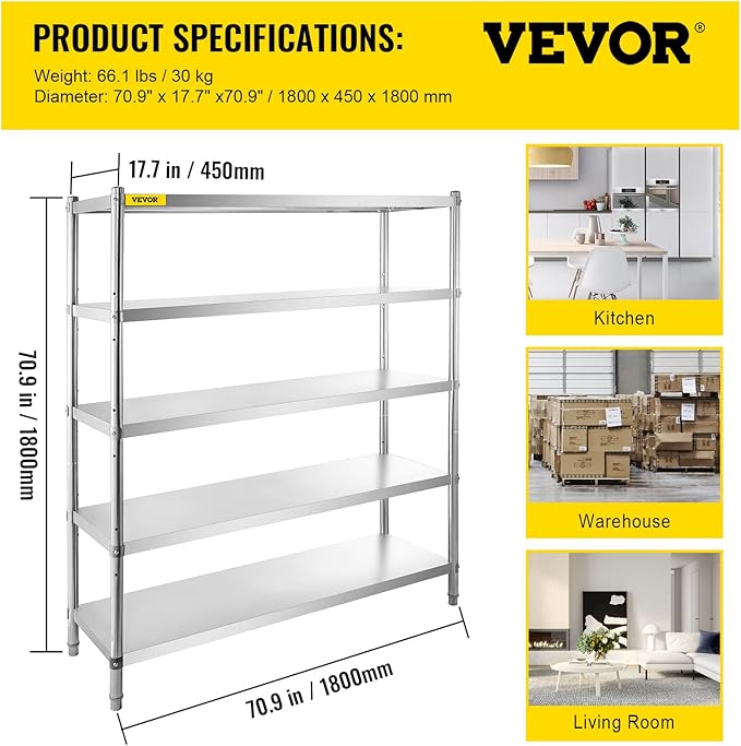 VEVOR Storage Shelf, 5-Tier Storage Shelving Unit, Stainless Steel Garage Shelf, Heavy Duty Storage Shelving, 1650 Lbs Total Capacity with Adjustable Height