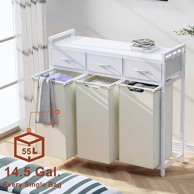Laundry Hamper, Laundry Sorter 3 Section, Rolling Laundry Basket with Wheels, 3 Drawers, 3 × 14.5 Gal (55 L), Pull-Out and Removable Oxford Fabric Bags, White and Beige