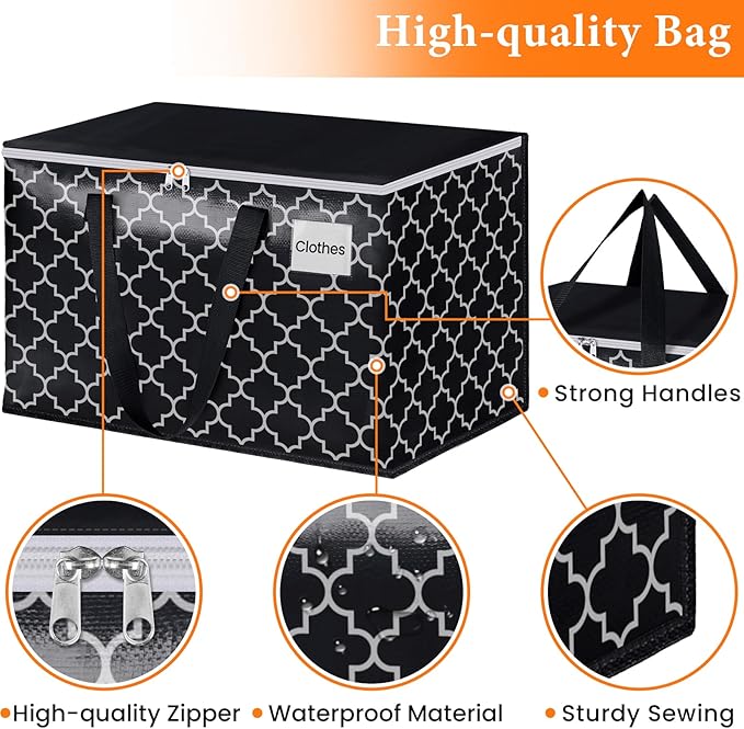 HomeHacks Heavy Duty Moving Bags with Tag Pockets, Collapsible Storage Totes for Moving, Camping & Travel -Foldable Packing Boxes, Zipper Handles, Black（4 Packs, 88L）