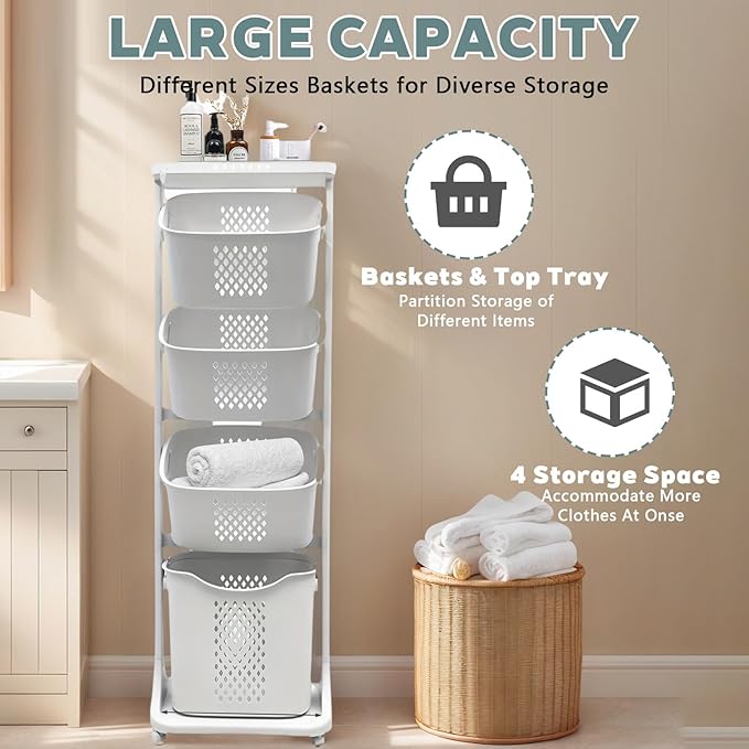 4-Tier Rolling Tiered Laundry Basket Organizer,Vertical Laundry Sorter with Wheels,Stacked Basket Holder for Bathroom & Laundry Room, White (54 Inch)