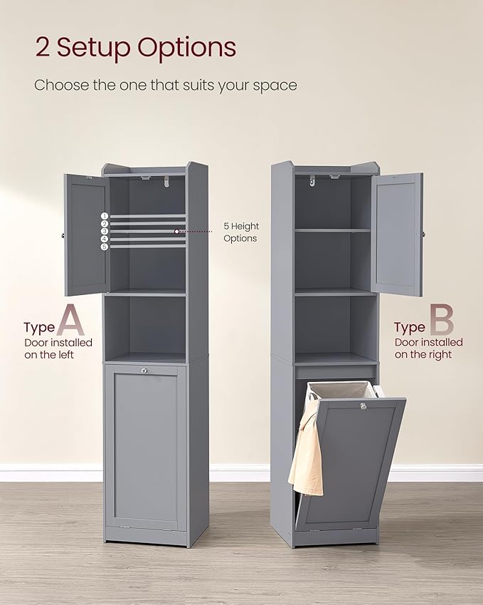 VASAGLE Tall Storage Cabinet, Storage Unit with Removable Laundry Basket, Compartment and Cabinet, for Bathroom, Living Room, 15.8 x 15.8 x 66.9 Inches, Dove Gray UBBC761G02