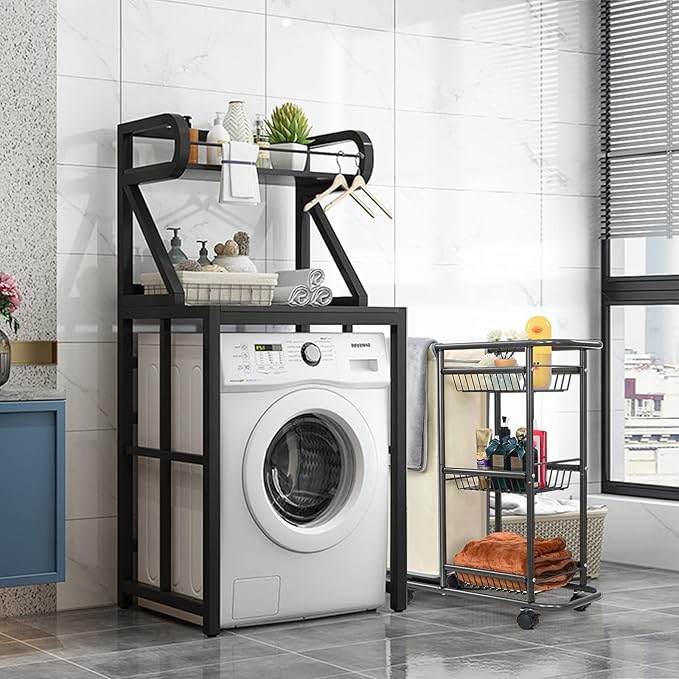 Narrow Laundry Cart with Wheels,3 Baskets and 45L Laundry Bag Metal Rolling Cart for Small Space,Laundry Room Organization and Storage for Bathroom Living Room Apartment Dorm