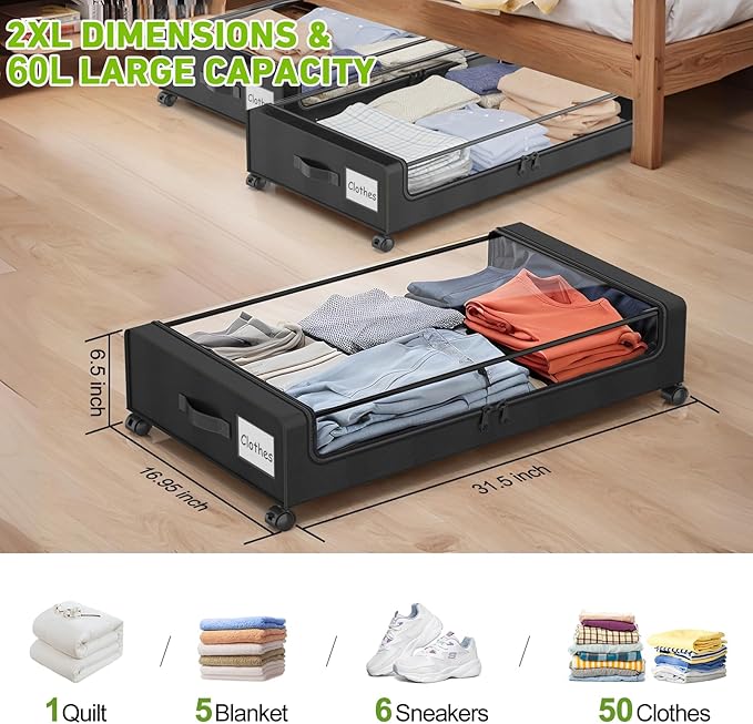 Beborxue Under Bed Storage with Wheels, 2-Pack Under the Bed Storage Containers with Lids, XXL 60L Under Bed Shoes Storage Organizer Bins, Rolling Underbed Storage for Clothes, Shoes, Blankets (Black)