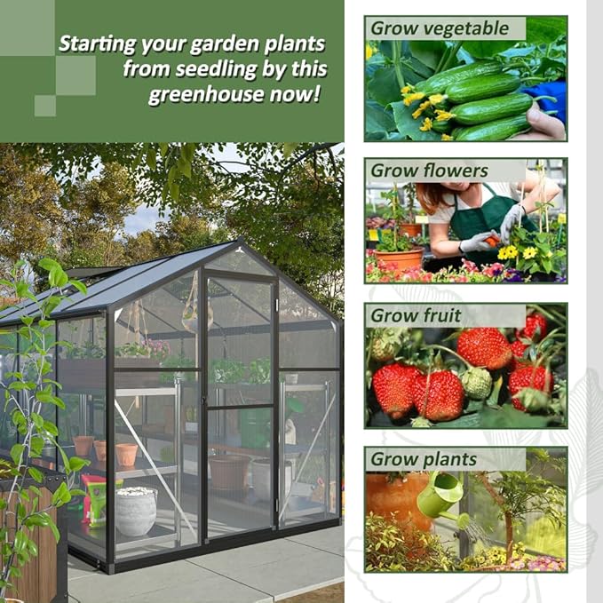 Heavy-Duty Polycarbonate Greenhouse with Double Flush Door, Rain Gutter & Adjustable Ventilation Window for Garden, Backyard or Sunroom Use (6x8 FT)