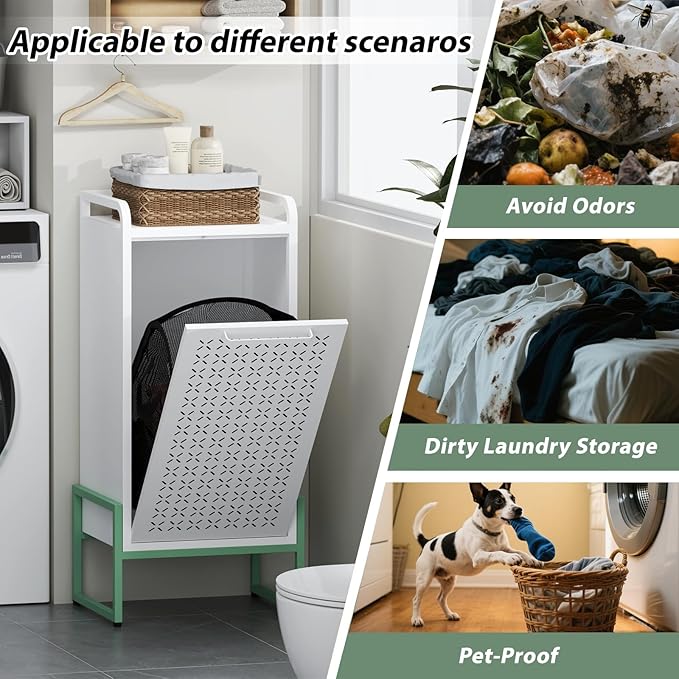 Stylish Trendy 16-Gallon Tilt-Out Laundry Hamper with Removable Basket & Hidden Trash Cabinet, Sturdy Water-Resistant Steel Space-Saving Storage 13.77"D x 16.53"W x 36.51"H for Small Bathroom Green