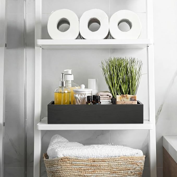 2 Pcs Bathroom Basket Wooden Toilet Tank Paper Basket with Handle Black Bathroom Decor Box Back of Toilet Storage Organizer for Bedroom Vanity Kitchen Countertop Dresser Shelf Decor