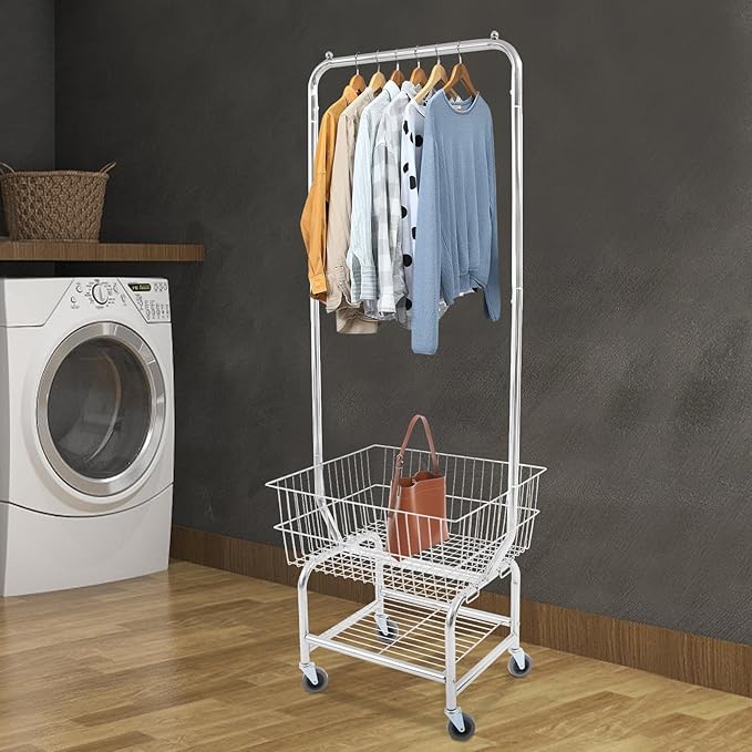 Laundry Cart with Hanging Rack, Wire Laundry Basket with Wheels, Laundry Hamper with Storage Basket & Shoe Rack, Rolling Laundry Hamper Sorter for Laundry Room Bathroom Bedroom, Silver