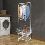 Laundry Cart with Hanging Rack, Wire Laundry Basket with Wheels, Laundry Hamper with Storage Basket & Shoe Rack, Rolling Laundry Hamper Sorter for Laundry Room Bathroom Bedroom, Silver