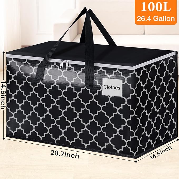 HomeHacks Heavy Duty Moving Bags with Tag Pockets, Collapsible Storage Totes for Moving, Camping & Travel -Foldable Packing Boxes, Zipper Handles, Black（10 Packs, 100L）