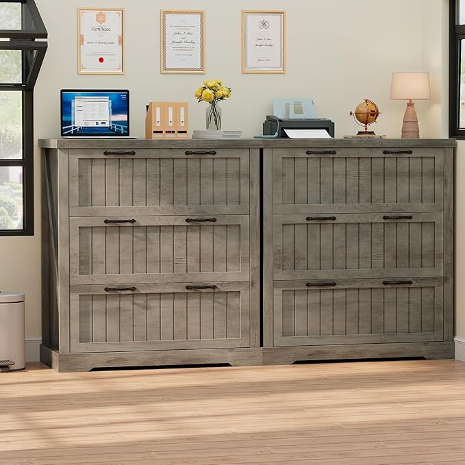 SEDETA File Cabinet for Home Office, Farmhouse 3 Drawer Filing Cabinet, Wood Office File Cabinets for Letter/Legal/A4 Size, Lateral File Cabinets with Printer Stand, Grey