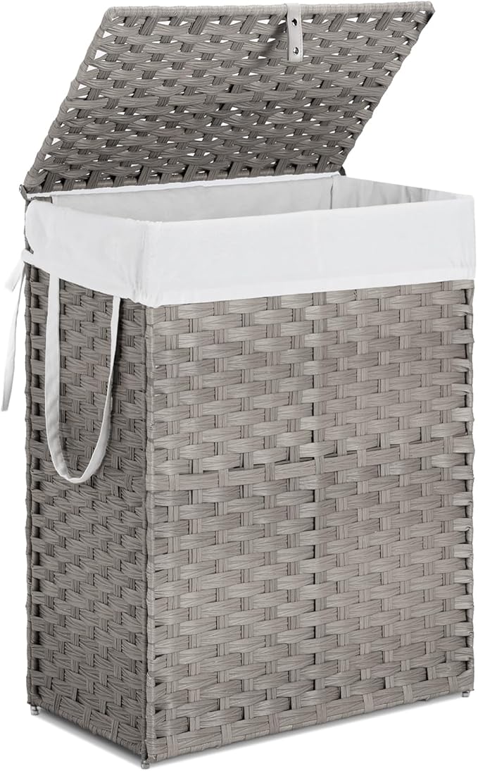 Laundry Hamper with Lid, 110L Foldable Laundry Basket with Removable Liner Bags, Handwoven Synthetic Rattan Clothes Hamper for Bathroom, Bedroom, Laundry Room, Grey