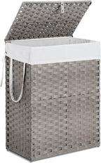 Laundry Hamper with Lid, 110L Foldable Laundry Basket with Removable Liner Bags, Handwoven Synthetic Rattan Clothes Hamper for Bathroom, Bedroom, Laundry Room, Grey