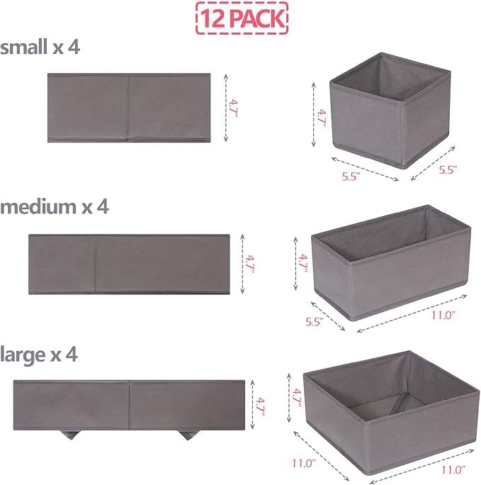 DIOMMELL 12 Pack Foldable Cloth Storage Box Closet Dresser Drawer Organizer Fabric Baskets Bins Containers Divider for Baby Clothes Underwear Bras Socks Lingerie Clothing,M Grey 444