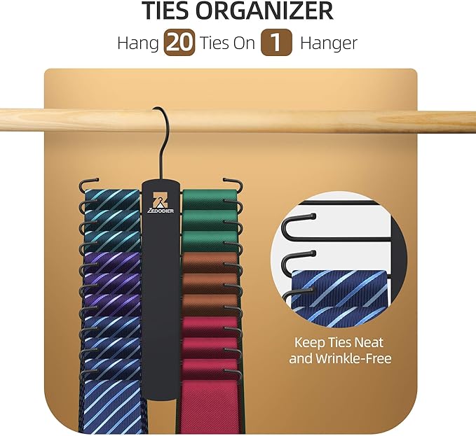 ZEDODIER Tie Hanger with 20 Hooks, Space Saving Necktie Organizer for Men, Large Capacity Tie and Belt Wooden Hanger for Closet, Black