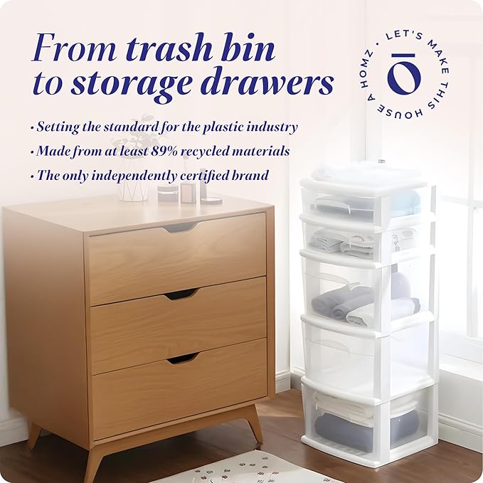 HOMZ 5-Drawer Storage Cart, Clear Plastic Drawers, 14.25" Wide Medium, White Frame - Organizing Drawer Containers for Home, Bathroom, Bedroom, Office, and Classroom