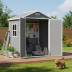 LARBANKE 6×4FT Waterproof Outdoor Storage Shed with Floor and Slop Roof,Garden Storage Tool Shed with Lockable Door&Window,Resin Shed with Ramp&Vent Suitable for Patio,Backyard,Garden,Lawn,Gray