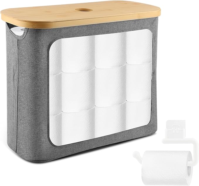 Extra Toilets Roll Storage for 12 Rolls, Toilet Paper Storage with Bamboo Lid, Collapsible Bathroom Toilets Papers Holder Organizer(Color:Grey)