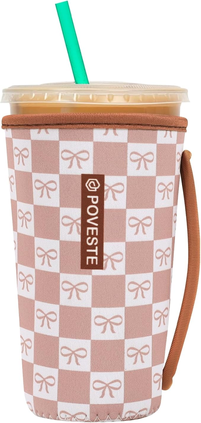 Reusable Neoprene Insulator Sleeve for Iced Coffee & Cold Soda, Coffee Sleeves for Iced & Hot Drinks, Cold Beverage Cooler Compatible with Starbucks, Dunkin (MochCheckerboad&Bow, Large: 32oz)