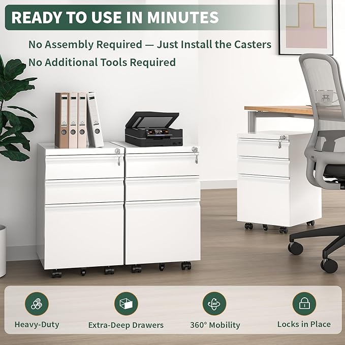 3 Drawer File Cabinet with Lock,Under Desk Rolling Small Filing Cabinet for Home Office Storage, Mobile Steel Cabinets with Wheels, Fully Assembled, White