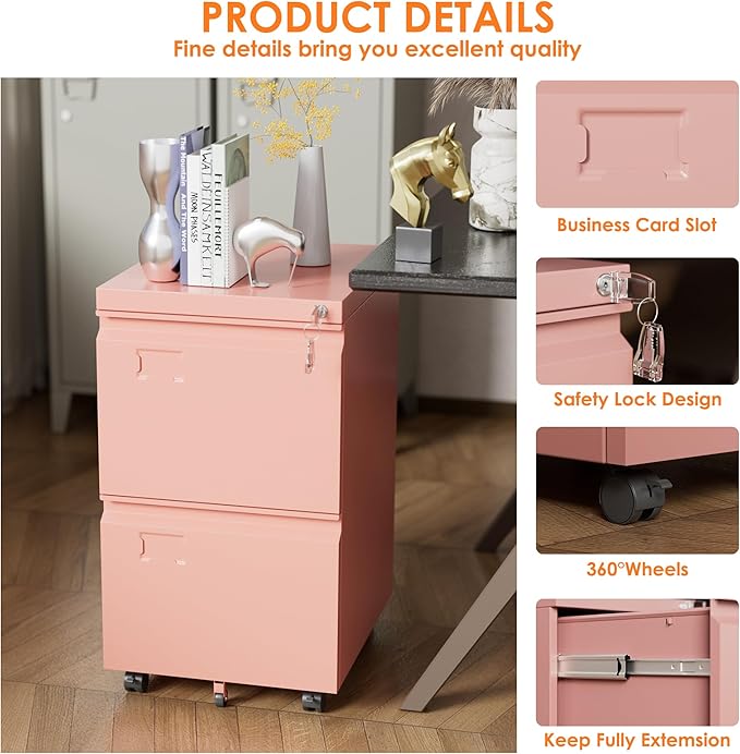 SUXXAN 2 Drawer Mobile File Cabinet with Lock, Under Desk Metal Filing Cabinet for Office, Home,Vertical Cabinet Legal/Letter Size, Need to Assembled (Pink)